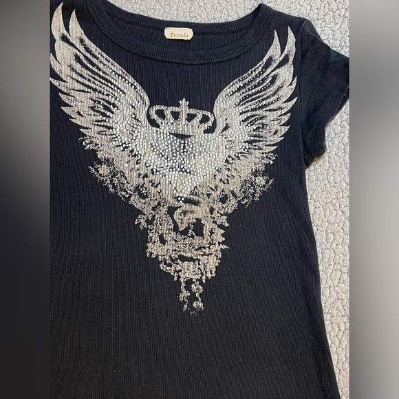 Davida Short Sleeve Graphic Print T Shirt Womens Size Medium Black & Rhinestone - Picture 6 of 7